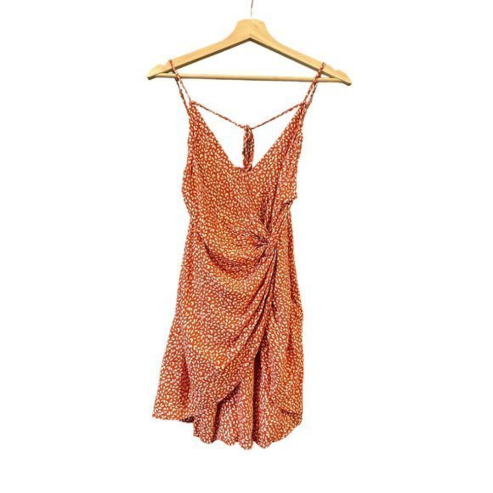 Audrey 3 Plus 1 Orange White Leaf Print Twisted Knot Faux Wrap Mini Dress Medium